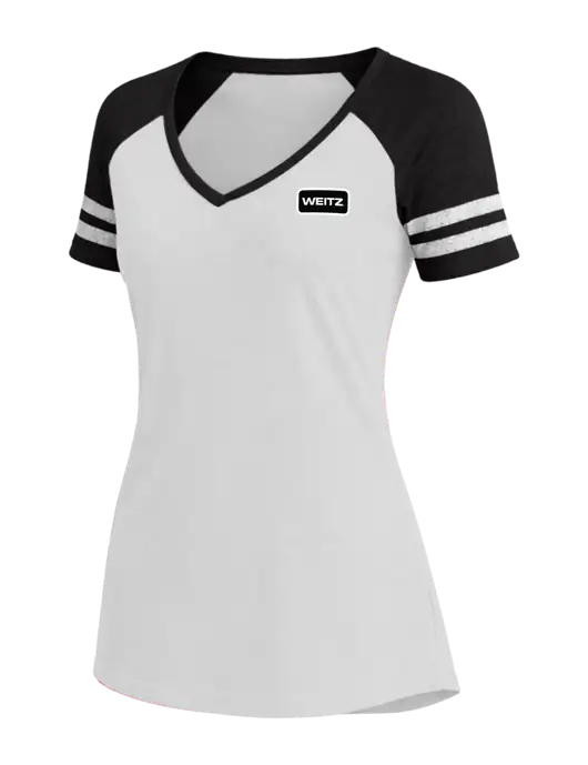 Womens White/Black V-Neck Game Tee w/Weitz Logo