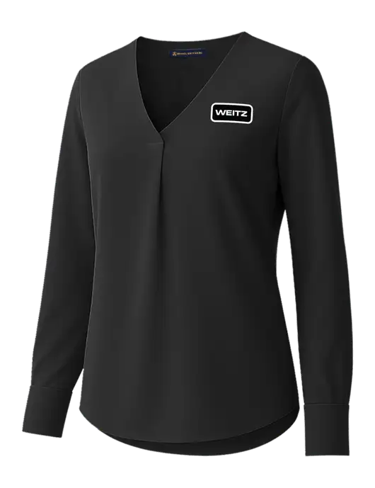 Brooks Brothers Womens Black Open-Neck Satin Blouse  w/Weitz Logo