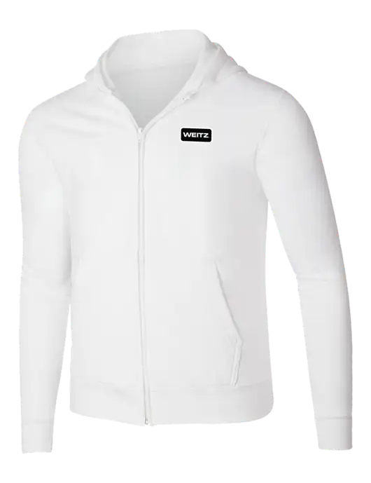 White 8.5 oz Ring Spun Zip Hooded Sweatshirt w/Weitz Logo