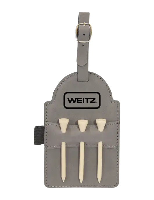 Grey Leatherette Golf Bag Tag with 3 Wooden Tees w/Weitz Logo
