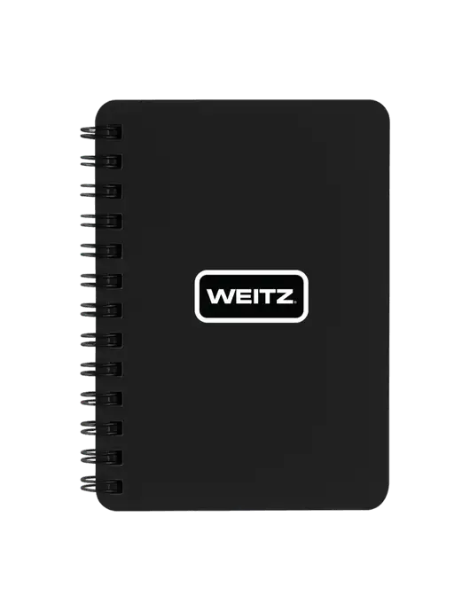 Sturdy Black Hardcover Notebook, 5.25 x 7 w/Weitz Logo