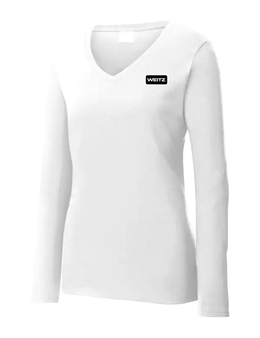 Womens  V-Neck Ring Spun White 4.5 oz Long Sleeve T-Shirt w/Weitz Logo
