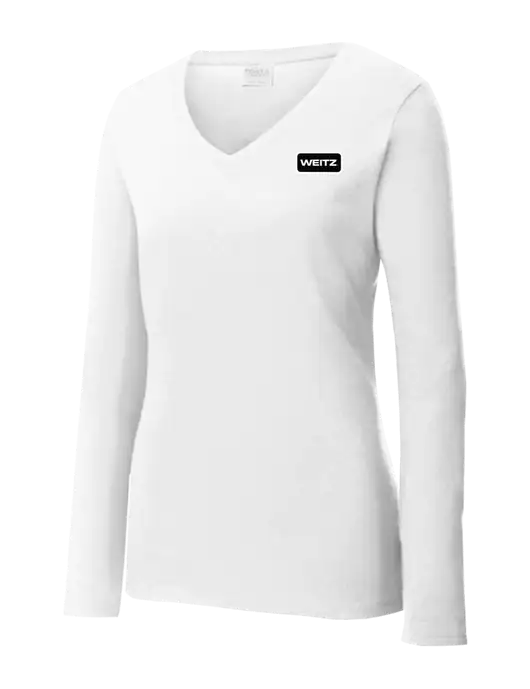 Womens  V-Neck Ring Spun White 4.5 oz Long Sleeve T-Shirt w/Weitz Logo