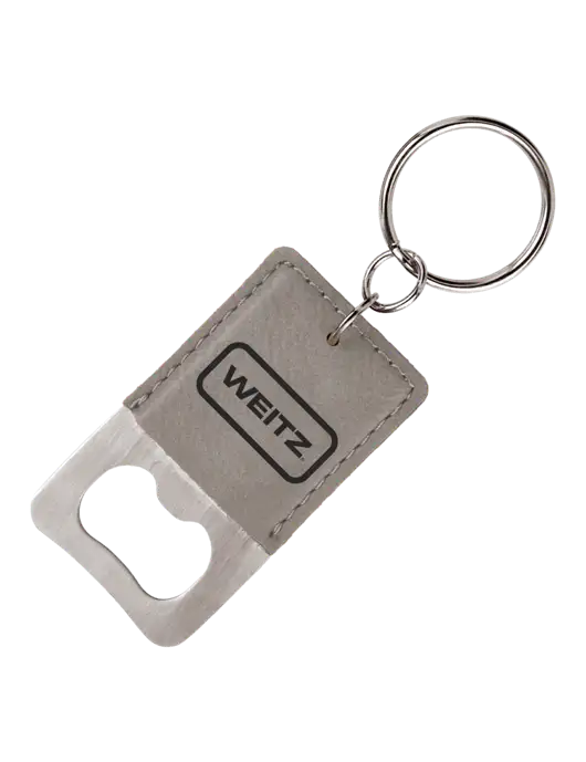 Grey Leatherette Rectangle Bottle Opener Keychain w/Weitz Logo