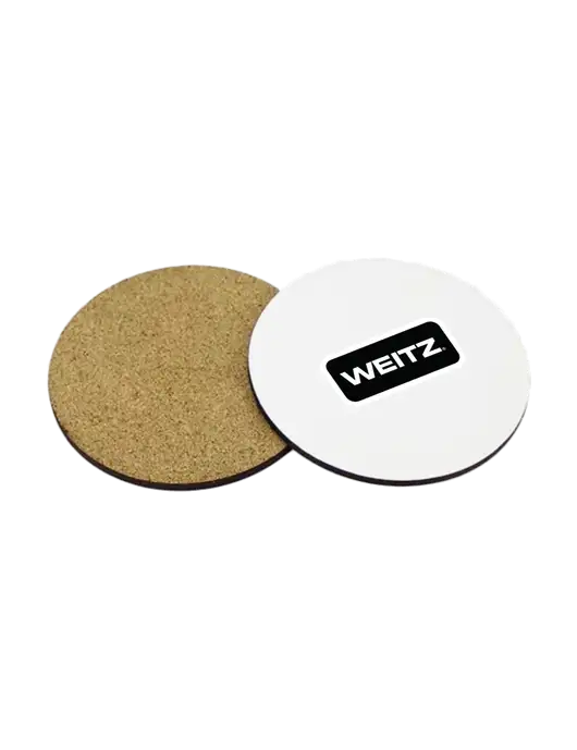 Gloss White Hardboard Round Coaster w/Cork Back, 3.75 w/Weitz Logo