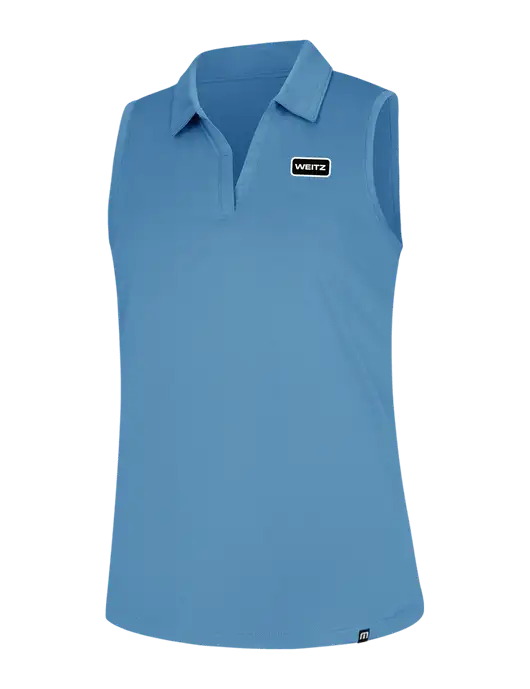 TravisMathew Womens Light Blue Heather Coto Performance Sleeveless Polo w/Weitz Logo