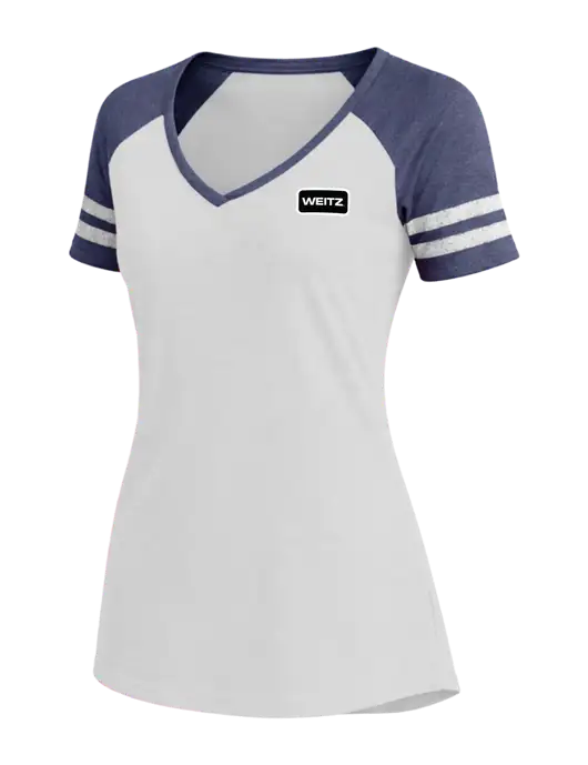 Womens White/Navy Heather V-Neck Game Tee w/Weitz Logo