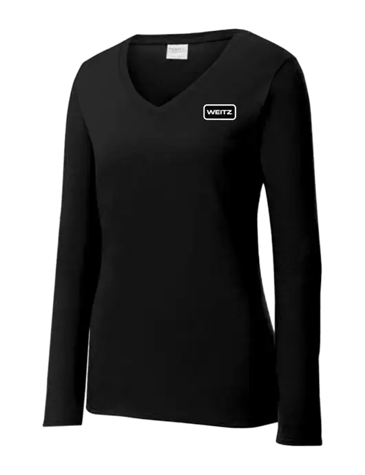 Womens V-Neck Ring Spun Jet Black 4.5 oz Long Sleeve T-Shirt w/Weitz Logo