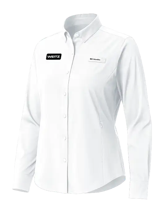 Columbia White Womens PFG Tamiami II Long Sleeve Shirt w/Weitz Logo