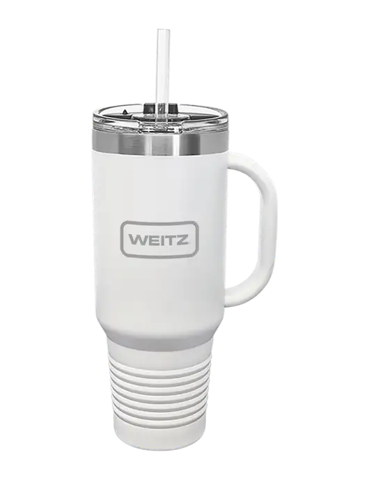 Polar Camel 40 oz. Powder Coated Vacuum Insulated White Travel Mug with Straw w/Weitz Logo