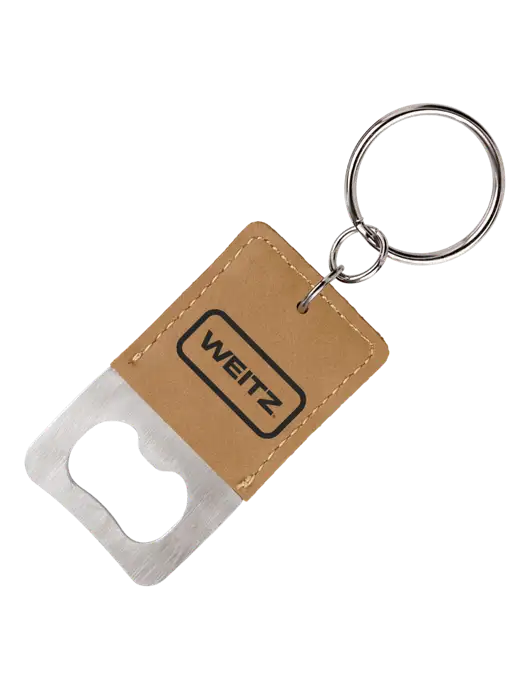 Tan Leatherette Rectangle Bottle Opener Keychain w/Weitz Logo