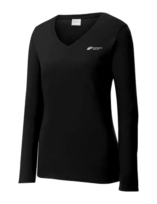 Womens V-Neck Ring Spun Jet Black 4.5 oz Long Sleeve T-Shirt w/Contrack Watts Logo