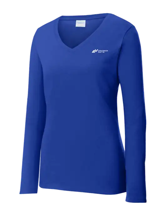 Womens  V-Neck Ring Spun Royal 4.5 oz Long Sleeve T-Shirt w/Contrack Watts Logo
