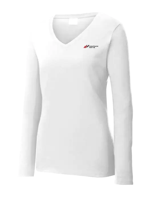 Womens  V-Neck Ring Spun White 4.5 oz Long Sleeve T-Shirt w/Contrack Watts Logo