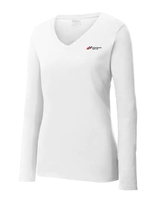 Womens  V-Neck Ring Spun White 4.5 oz Long Sleeve T-Shirt w/Contrack Watts Logo