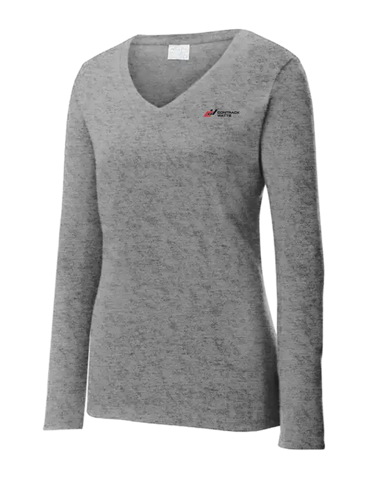 Womens  V-Neck Ring Spun Grey Heather 4.5 oz Long Sleeve T-Shirt w/Contrack Watts Logo