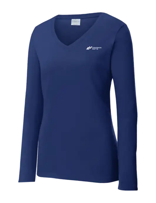 Womens  V-Neck Ring Spun Navy 4.5 oz Long Sleeve T-Shirt w/Contrack Watts Logo
