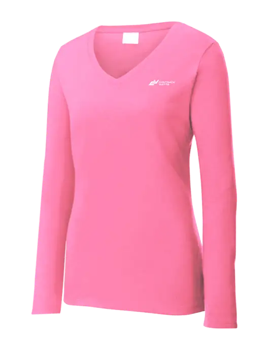 Womens  V-Neck Ring Spun Pink 4.5 oz Long Sleeve T-Shirt w/Contrack Watts Logo