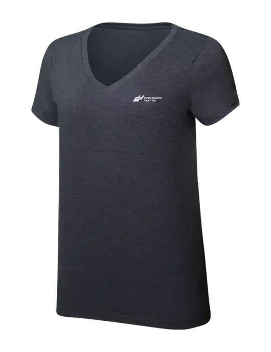 Womens Simply Soft V-Neck Heather Charcoal 4.5oz  Poly/Combed Ring Spun Cotton T-Shirt w/Contrack Watts Logo