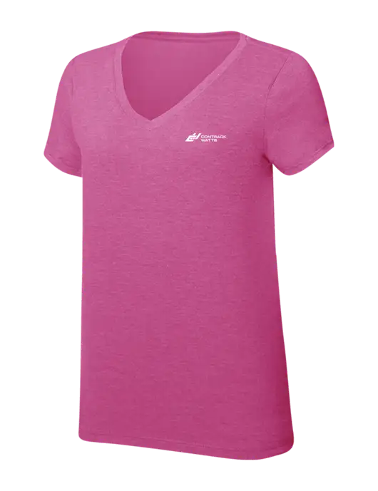 Womens Simply Soft V-Neck Fuschia Frost 4.5oz  Poly/Combed Ring Spun Cotton T-Shirt w/Contrack Watts Logo
