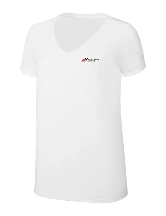 Womens Simply Soft V-Neck White 4.5oz  Poly/Combed Ring Spun Cotton T-Shirt w/Contrack Watts Logo