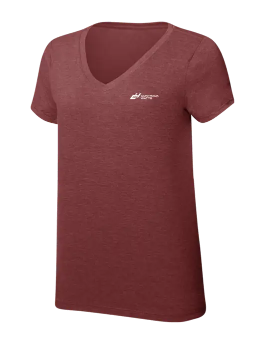 Womens Simply Soft V-Neck Maroon Frost 4.5oz  Poly/Combed Ring Spun Cotton T-Shirt w/Contrack Watts Logo