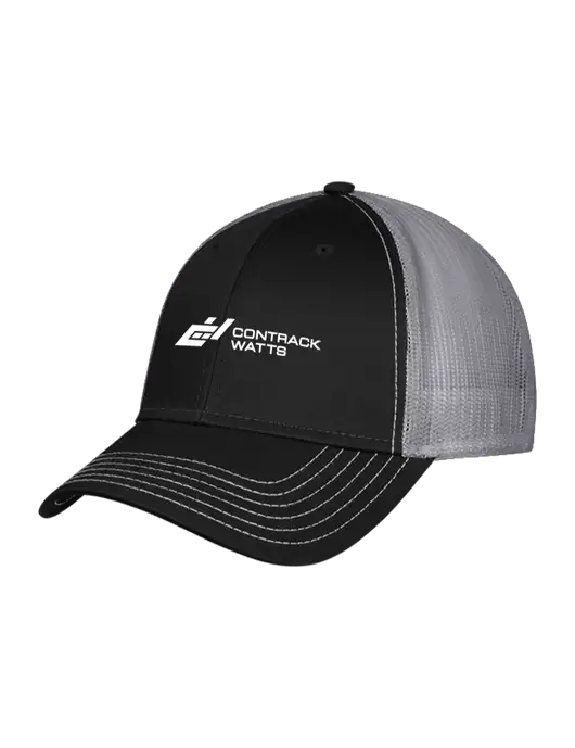 Black/Medium Dark Grey Mesh Trucker Cap Snap Back w/Contrack Watts Logo