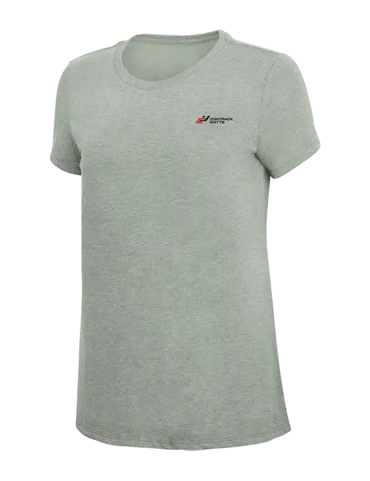 Womens Simply Soft Heathered Light Grey 4.5oz Poly/Combed Ring Spun Cotton T-Shirt w/Contrack Watts Logo