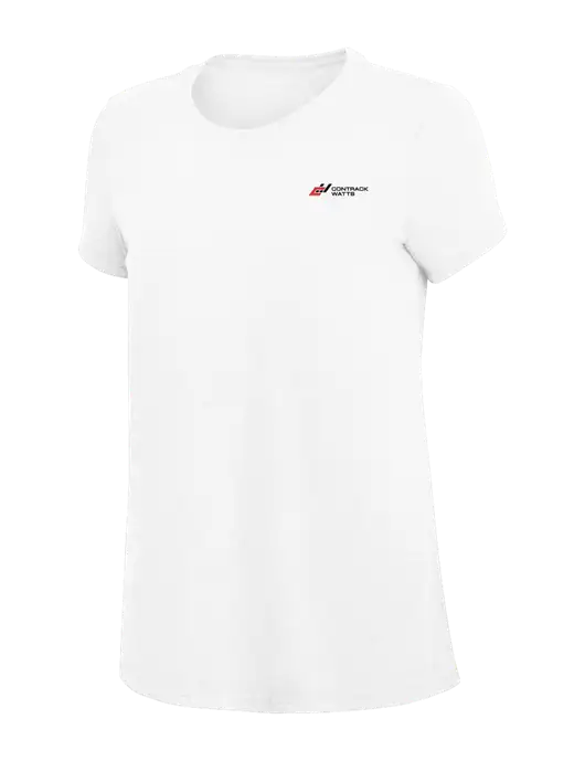 Womens Simply Soft White 4.5oz Poly/Combed Ring Spun Cotton T-Shirt
 w/Contrack Watts Logo
