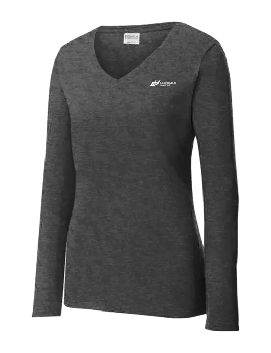 Womens  V-Neck Ring Spun Dark Heather Grey 4.5 oz Long Sleeve T-Shirt w/Contrack Watts Logo