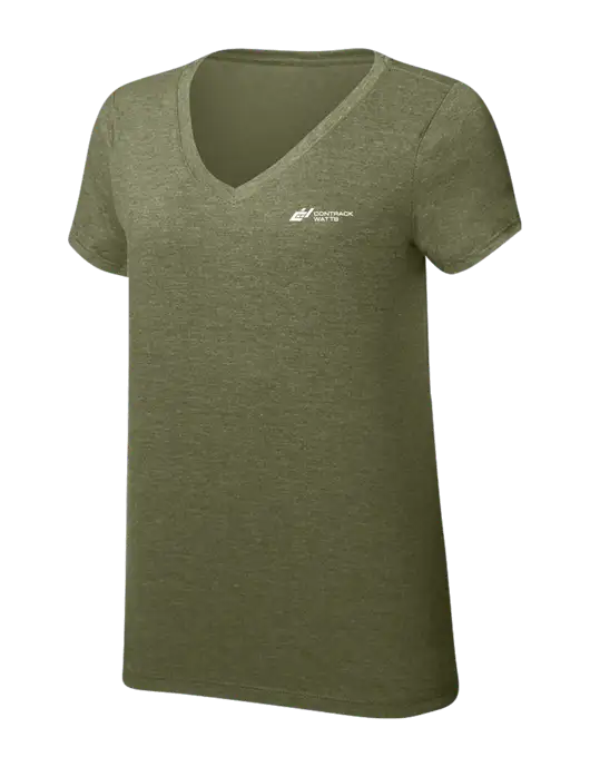 Womens Simply Soft V-Neck Military Green Frost 4.5oz  Poly/Combed Ring Spun Cotton T-Shirt w/Contrack Watts Logo