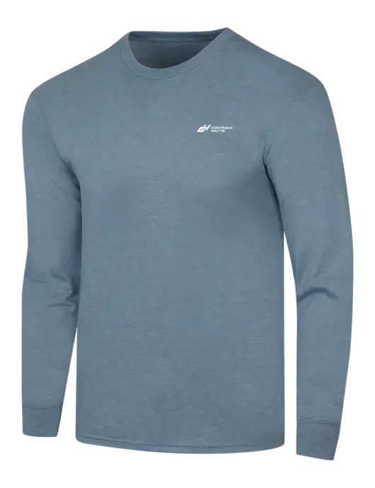 Simply Soft Long Sleeve Slate Blue Heather 4.5 oz, Poly/Combed Ring Spun Cotton T-Shirt w/Contrack Watts Logo